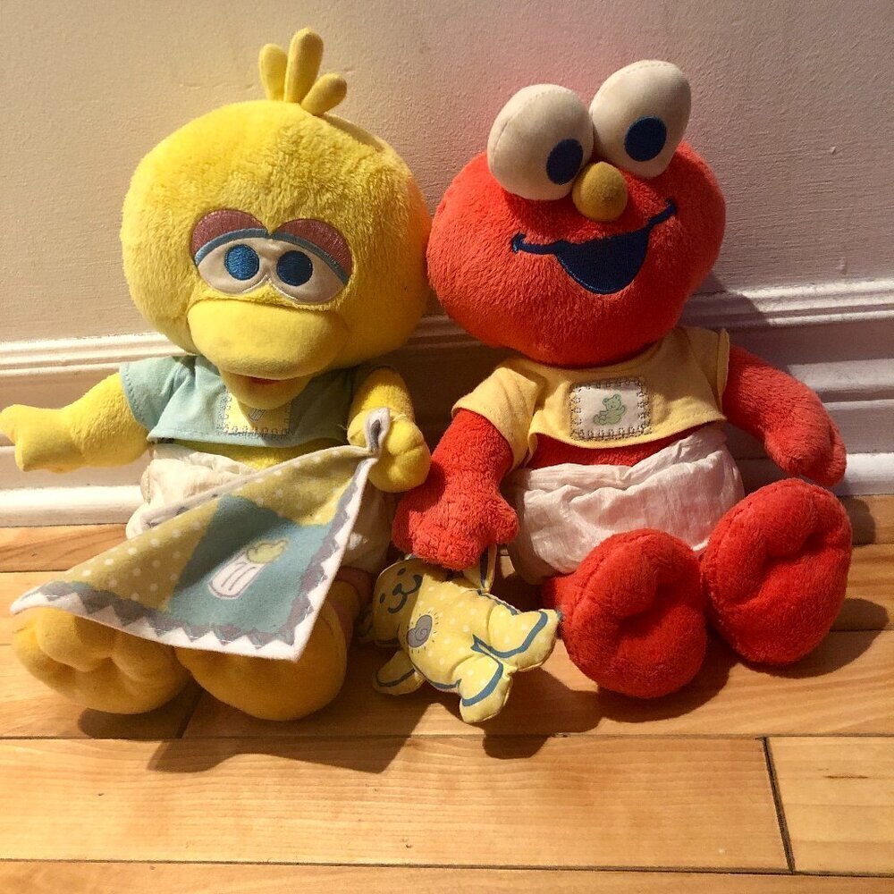 🍼 VERY RARE 1990s Vintage Sesame Street Baby Big Bird & Baby Elmo Plush Set 12”